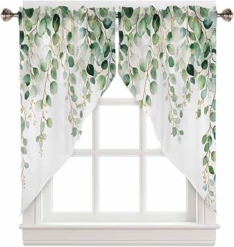 Eucalyptus Swag Curtains Valance For Kitchen Windows,Green Plant Rod Pocket Curtain Drapes,Light Filtering Weeping Leaf Botanical Spring Drapery Panels for Bedroom Bathroom Cafe Living Room,56"Wx36"H