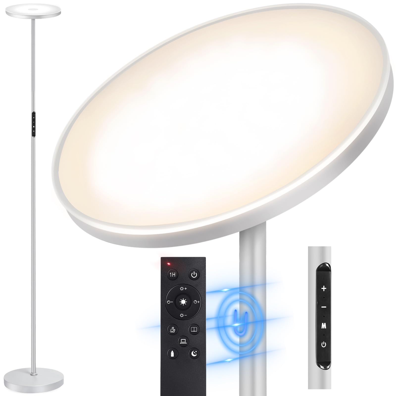 OUTON Lámpara de Pie LED Regulable, Control Remoto Magnético y Control en el Poste, 30W 2400lm, 4 Temperaturas de Color, Función de Temporizador y Memoria,Gris