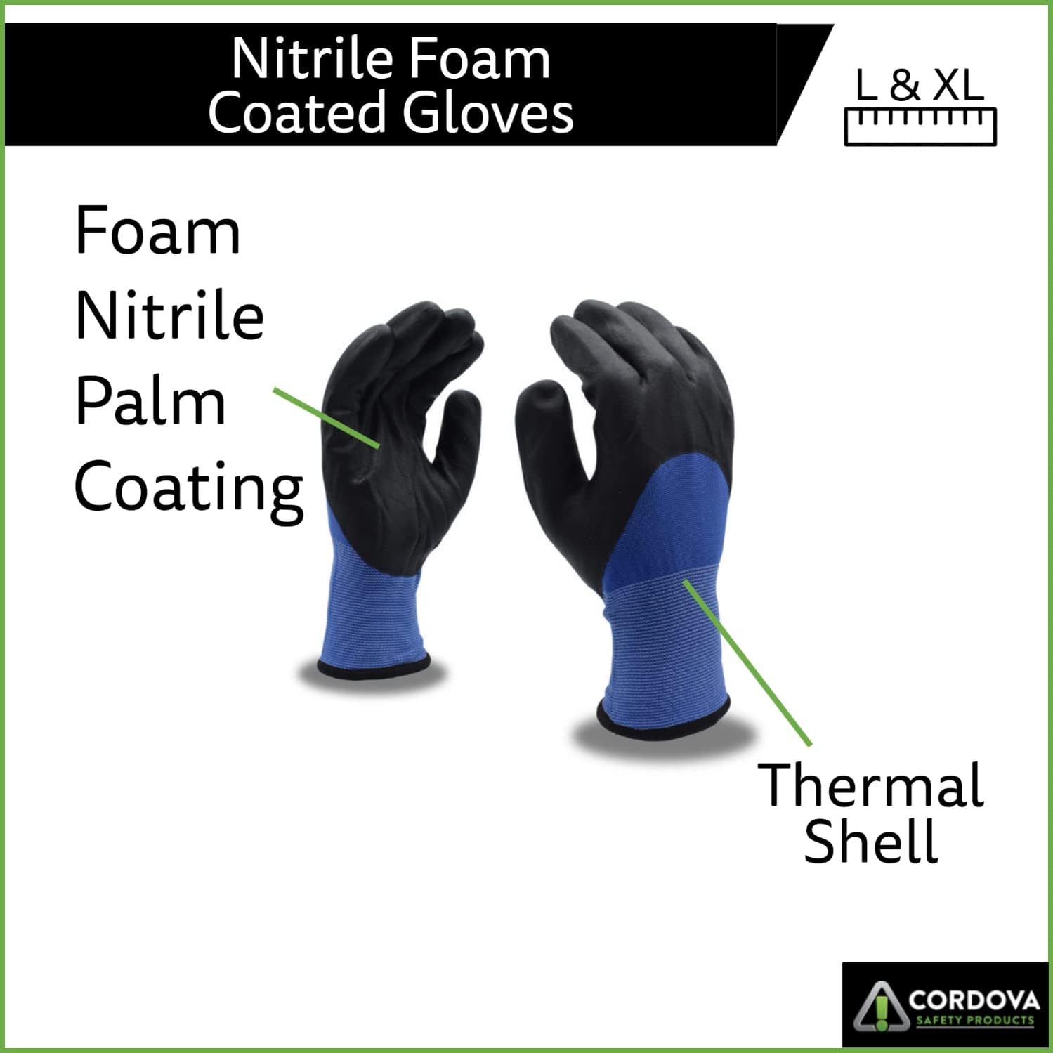 Cordova 39971 Nitrile Gloves for Cold Weather, 3/4 Foam Nitrile, Thermal Gloves with Brushed Terry Shell, for Use in Light Oil and Low Temp, Comfy and Form-Fitting, Large