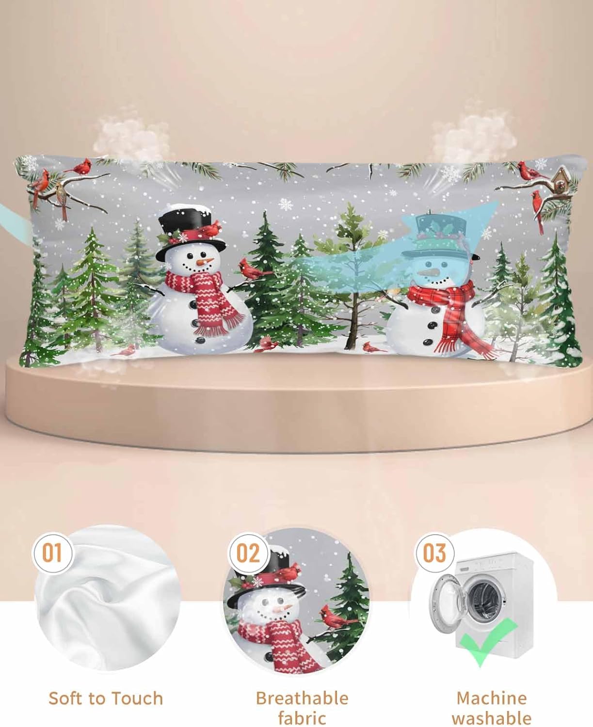 Red Snowman Christmas King Size Pillow Cases Set of 2, Xmas Tree Snowflake Winter Branches Satin Pillowcase with Zipper for Hair/Skin, Decorative Pillow Covers for Bed/Couch/Sofa, 20x36 Inches