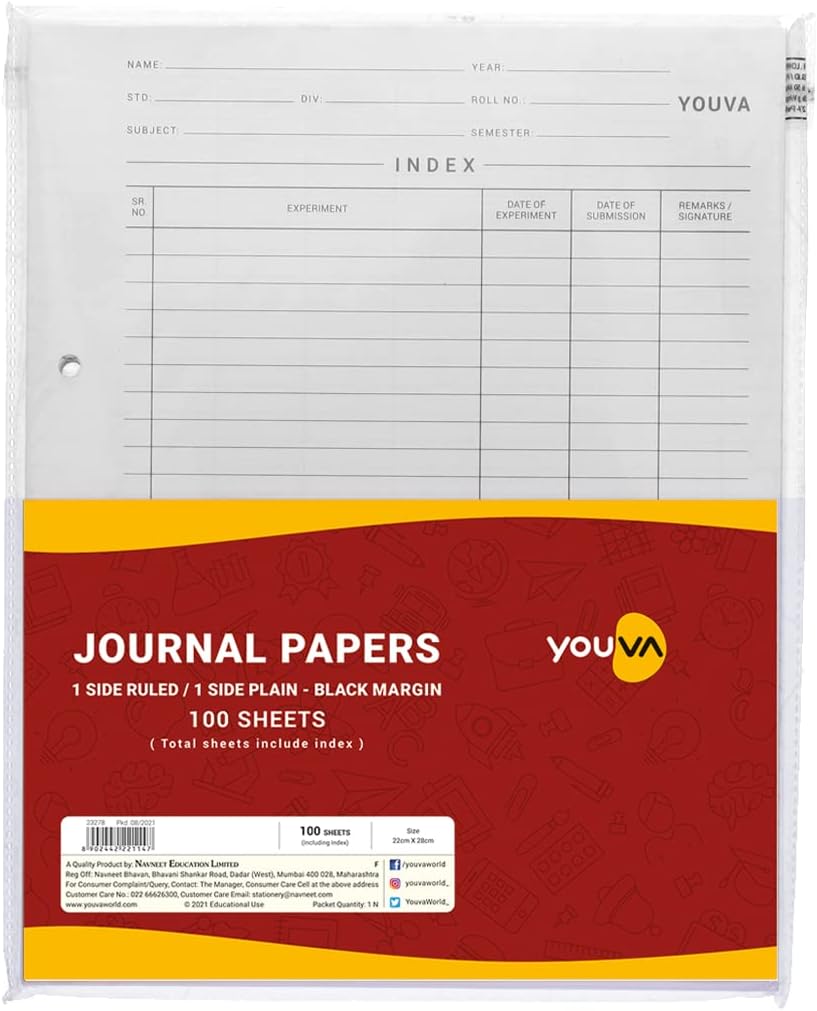 Navneet Youva | Journal Paper with Black Margin for Students and Office Executives | 22cm x 28cm | 1 Side Ruled / 1 Side Plain | 100 Sheets