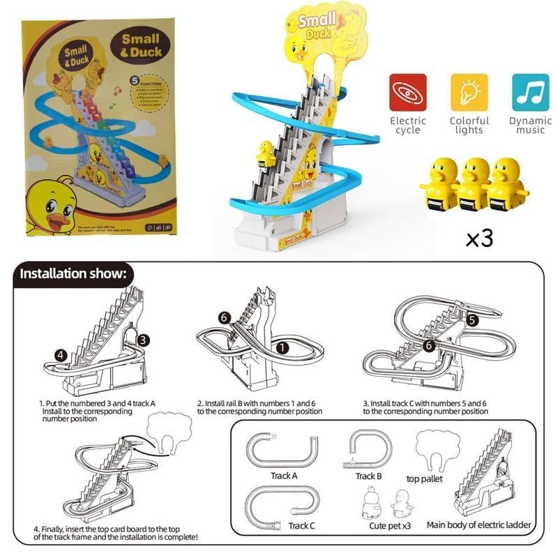 Image of Kidoyz Singing Duck Slide Toy for Kids - 3 Climbing Ducks with Automatic Stair Escalator Track, Flashing LED Lights & Music, Roller Coaster Duckling Toy for Toddlers 1 2 3 Year Old (Battery Operated)