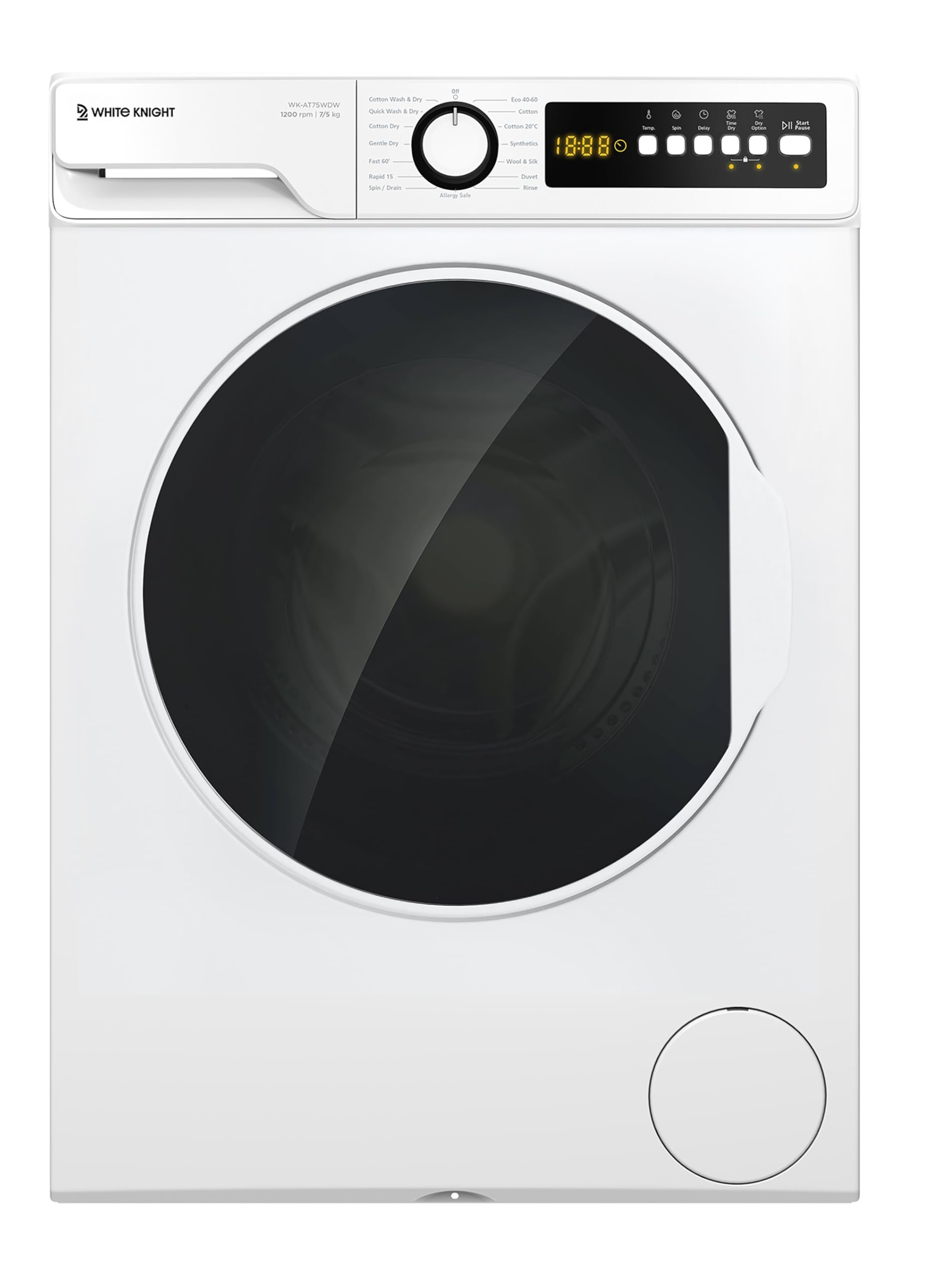 White Knight Wk-At75wdw Freestanding 7+5Kg, 1200 Spin Washer Dryer - D Rated, H84.5 X W59.7 X D52.7 (Cm)
