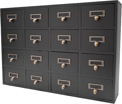 16 Drawers Library Card Catalog Cabinet with Tag Slot and Metal Handle,Vintage Apothecary Cabinet,Tabletop Apothecary Chests,Wooden Desk Drawer Organizer,Black