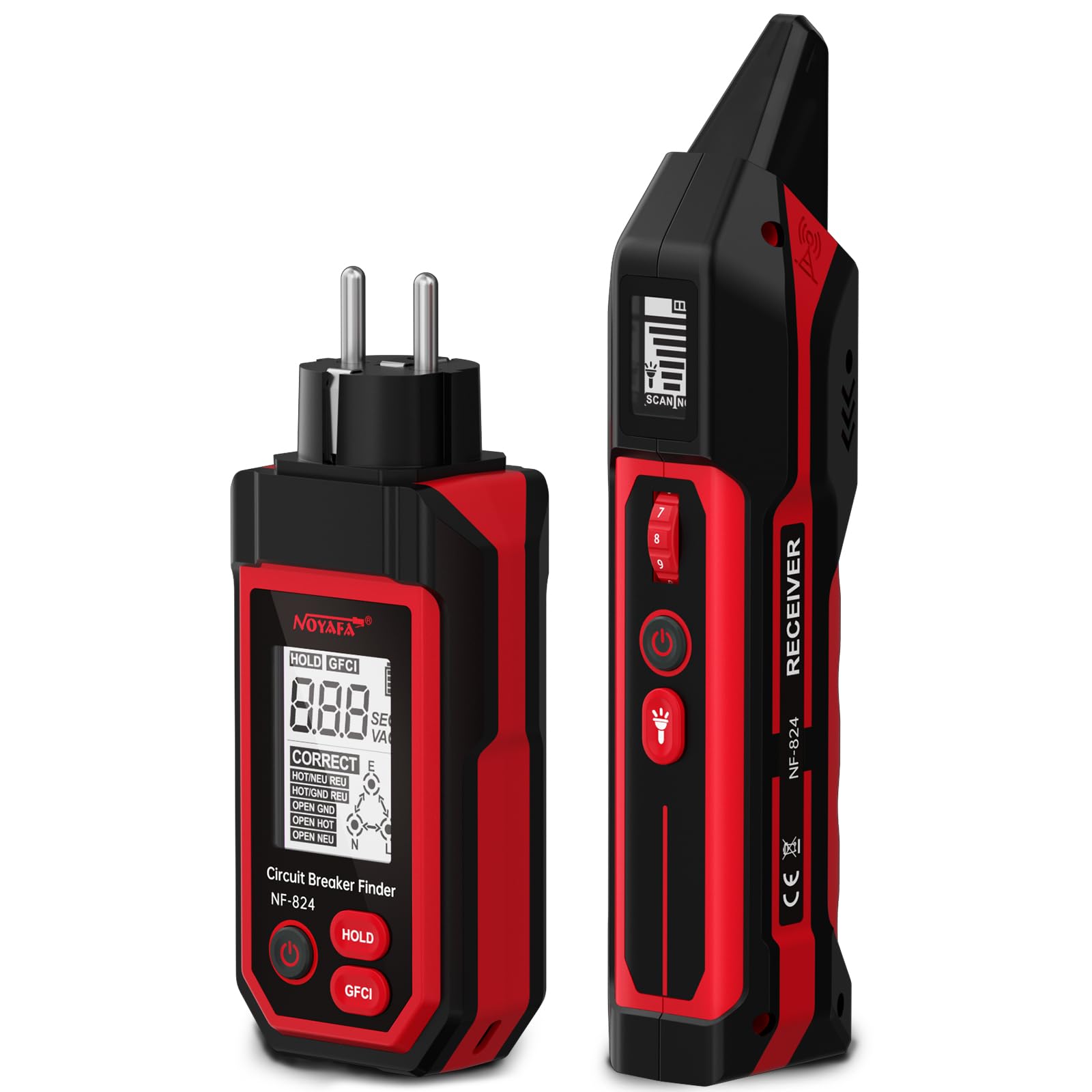 NOYAFA NF-824 Steckdosentester, Sicherungsfinder, Leistungsschalterfinder mit LCD-Display, berührungsloser Spannungsprüfer mit 240V Schuko-Steckdosenprüfer, NCV-Phasenprüfer, Kabelfinder/Stromprüfer