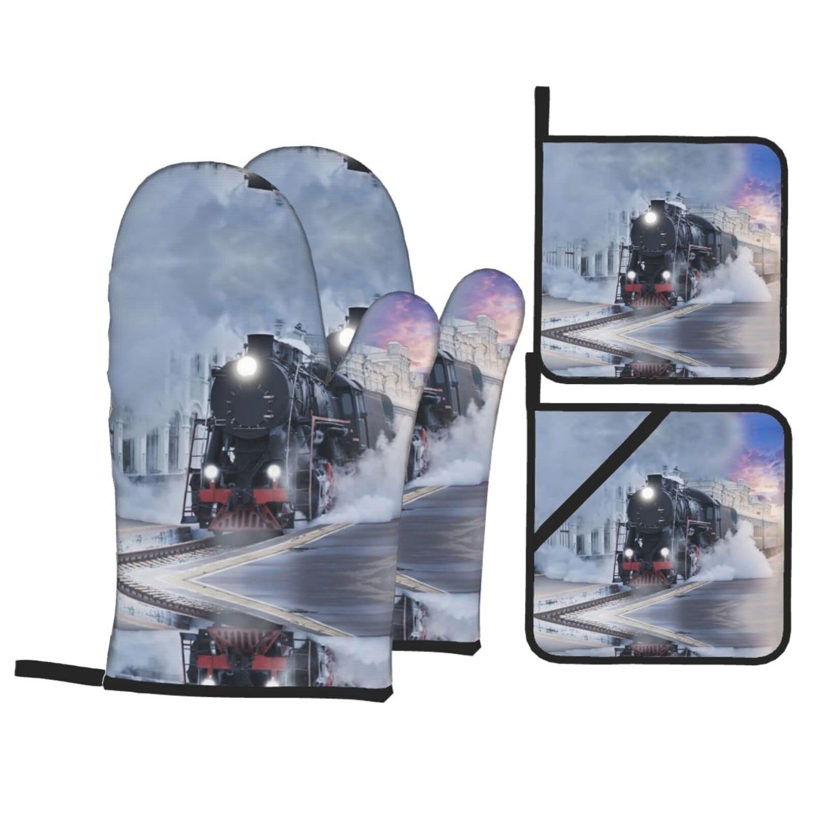 Steam Train Depart Sunset Oven Mitt and Pot Holder 4-Piece Set for Kitchen, Outdoor Grill, Baking