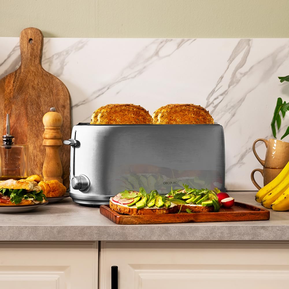 Cecotec Toast&Taste 1600 Retro Double Inox Tostapane, 4 fette, 1630 W, 2 fessure larghe da 3,8 cm e lunghe, in acciaio inox, aste superiori, potenza regolabile, vassoio raccogli briciole