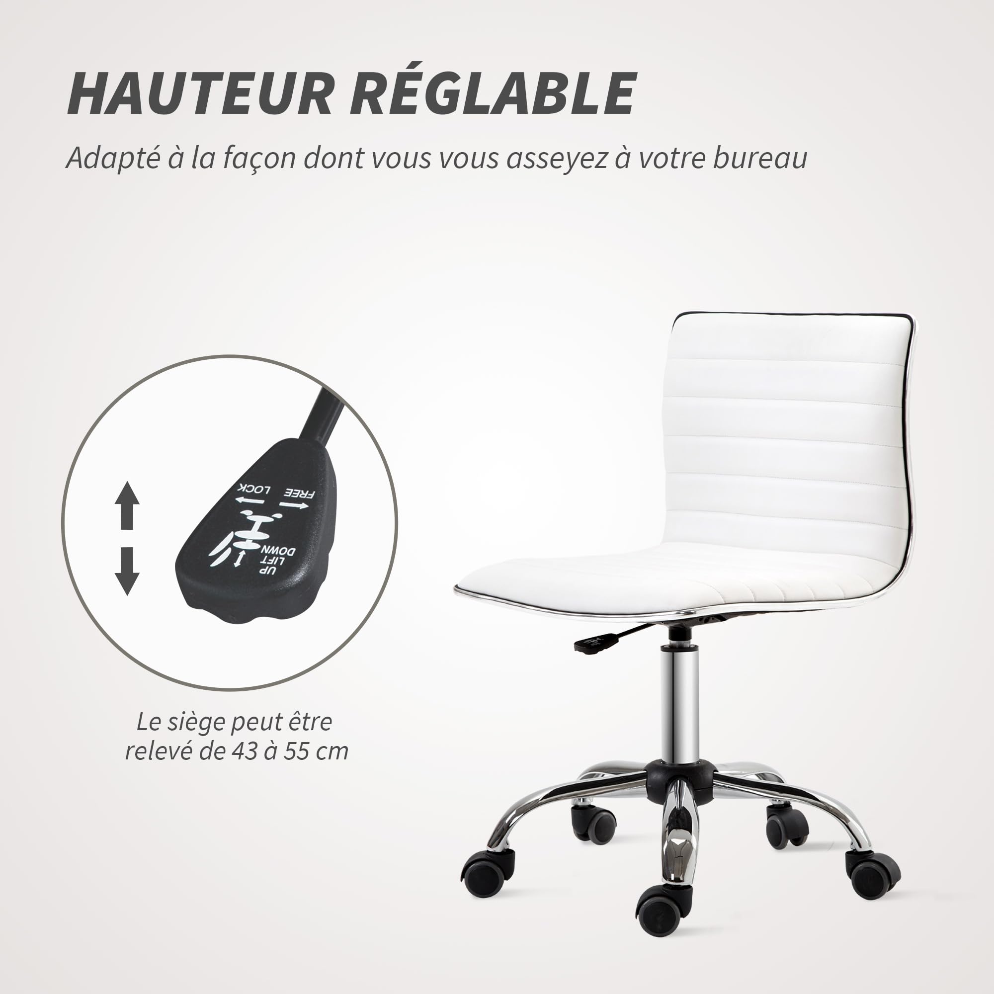 HOMCOM Chaise de Bureau sans Accoudoirs, Hauteur Réglable Réglable, Blanc