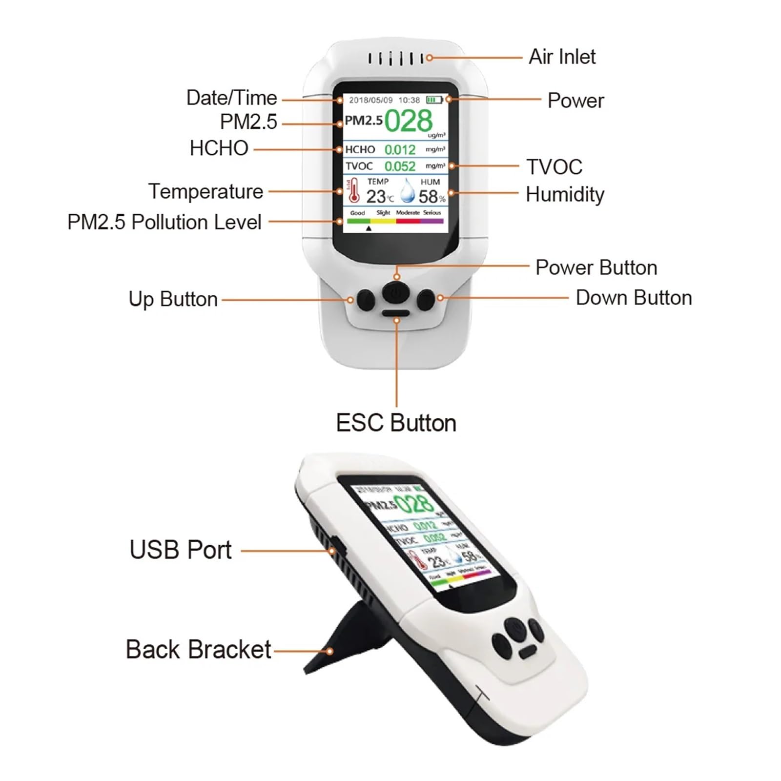 Rilevatore portatile PM2.5 8 in 1, monitor della qualità aria, analizzatore di gas formaldeide (HCHO), temperatura e umidità Con ampia gamma di test(White)