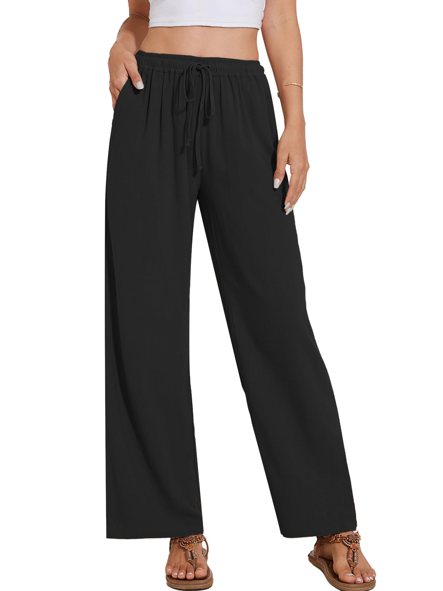 Breezy Lane Linen Pants for Women Summer High Waist Palazzo Pants Boho Beach Trousers with Pockets