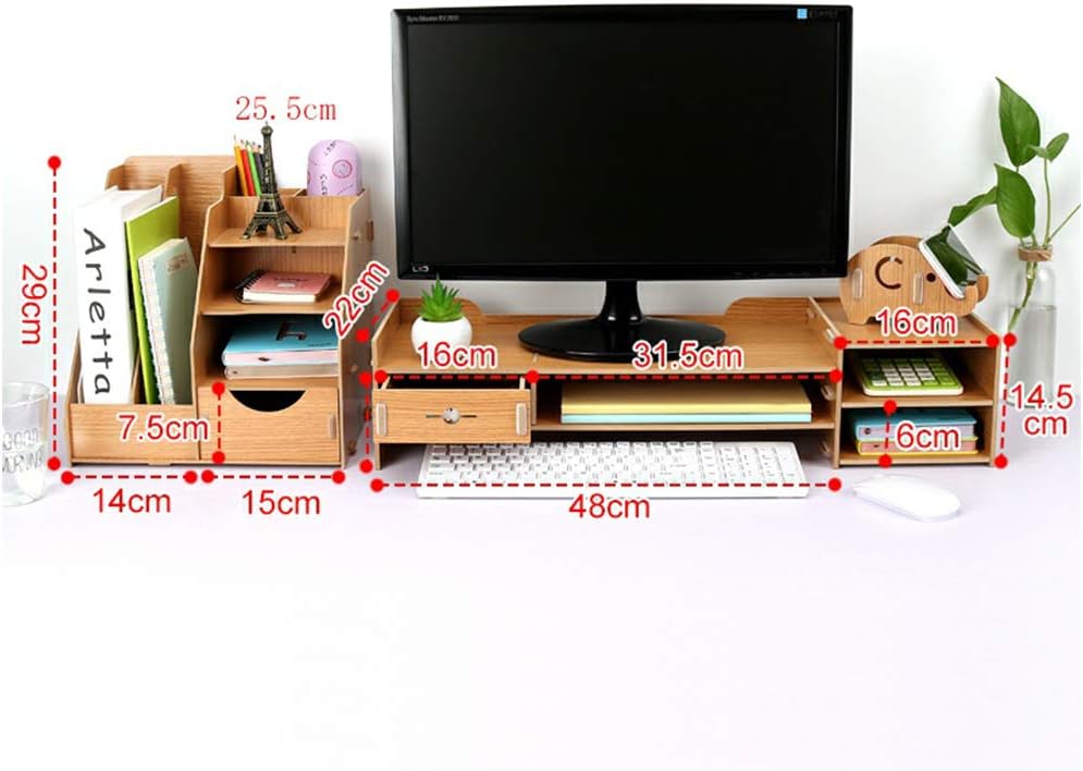 monitor stand riser with storage organizer box with Drawers and Mobile Phone Holder, Laptop Stand Riser with Keyboard Storage Space and Desktop File Shelf (A)