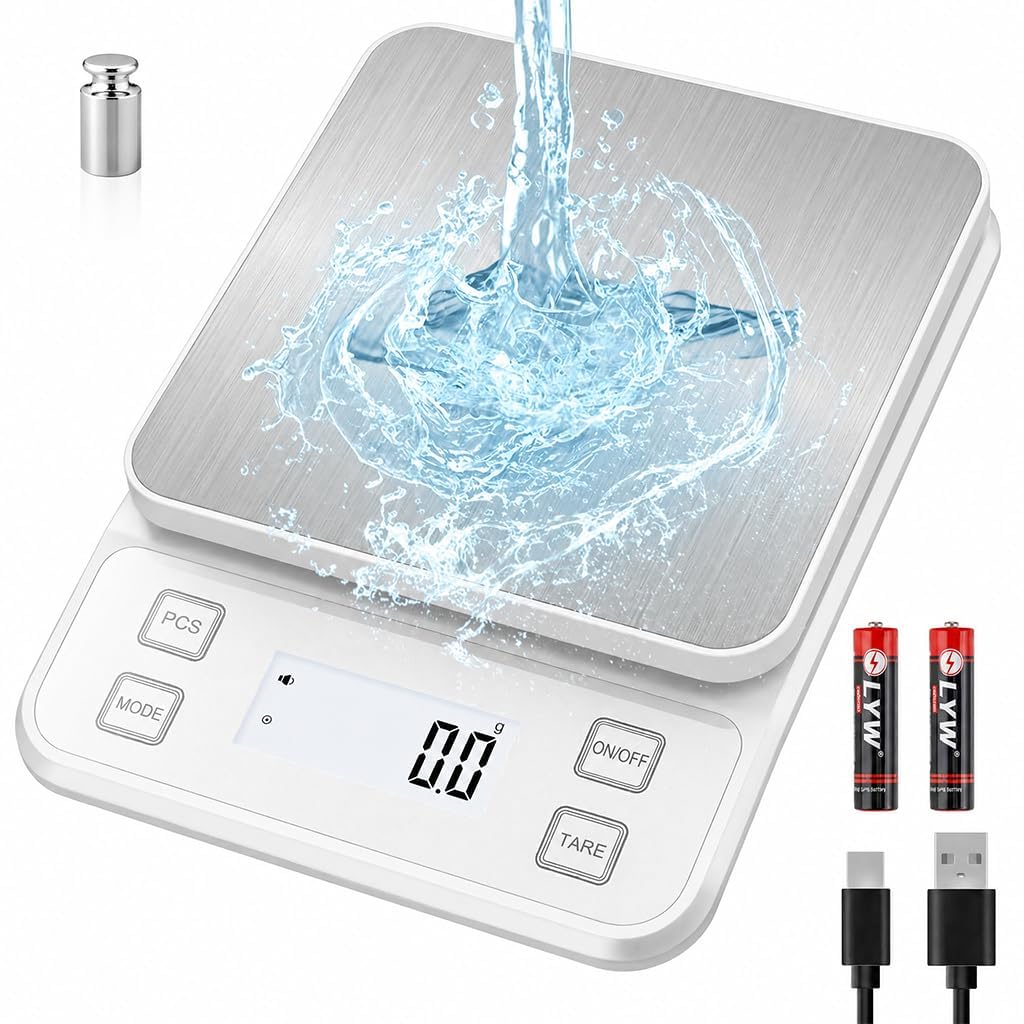 Diyife 大型 キッチンスケール IP67完全防水 Type-C充電/乾電池 10KG/0.1g 丸洗いOK ステンレス計量皿 分銅付き (白)