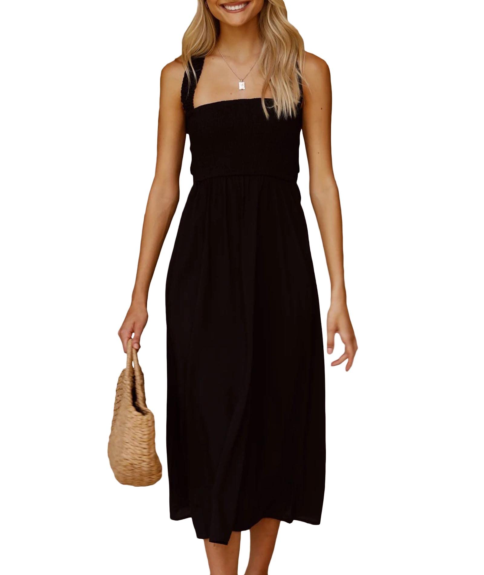 SOMTHRON Vestido midi de mujer con escote cuadrado y espalda cruzada con tirantes cruzados una línea A vestido sin mangas smocked