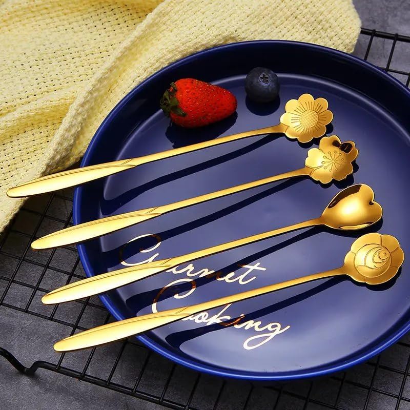 Image of Stainless Steel Coffee Spoon Set, Gold, Flower and Heart Shapes, 24 Centimeter, Set of 4