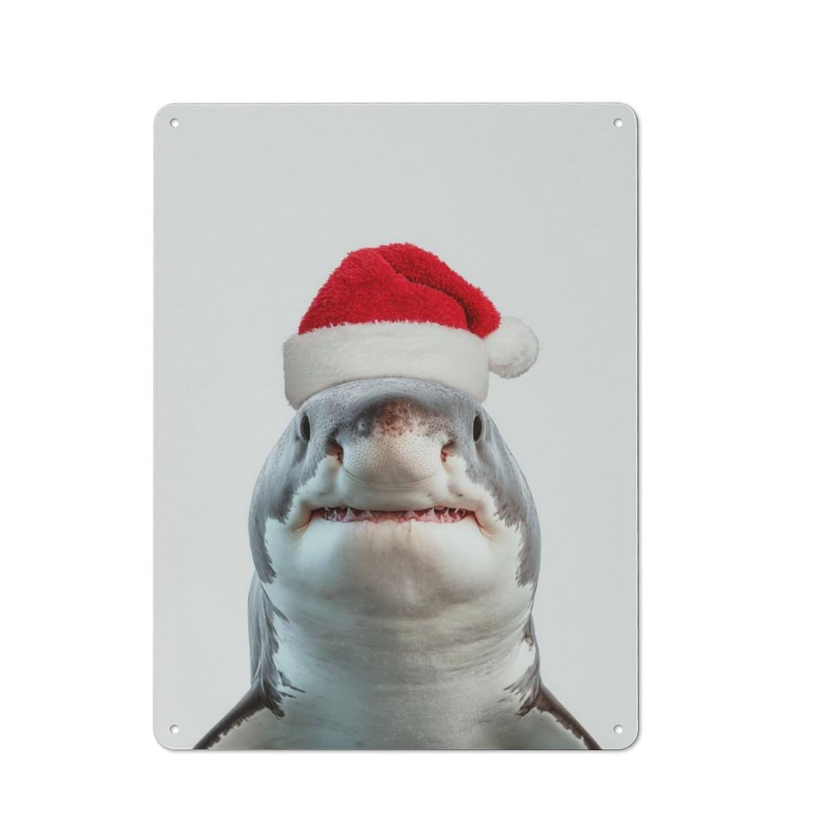 Junmoney Great White Shark With Santa Hat Metal Plaque 40X30cm With For Hallway Wall, Rustic Decor, For Garage, Workshop And Man Cave Decoration
