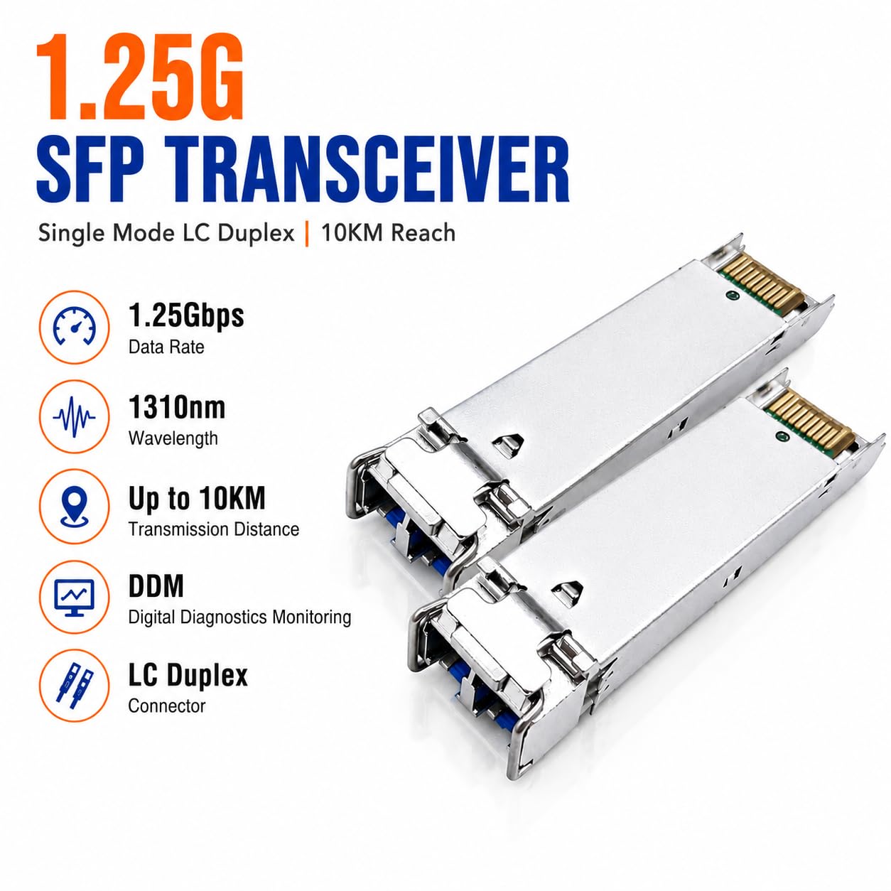 Elfcam - 2 Pack 1,25Gb SFP Module de Transceiver à Fibre Optique 1310nm 10km, Connecteur de Fibre Optique LC/UPC Monomode Duplex Compatible avec Cisco, Ubiquiti Networks, Huawei, D-Link, Open Switch