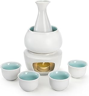 Foraineam White Ceramic Sake Set with Warmer Pot, Japanese Style Porcelain Hot Saki Drink Bottle Stovetop Set, 7 Pieces Se...