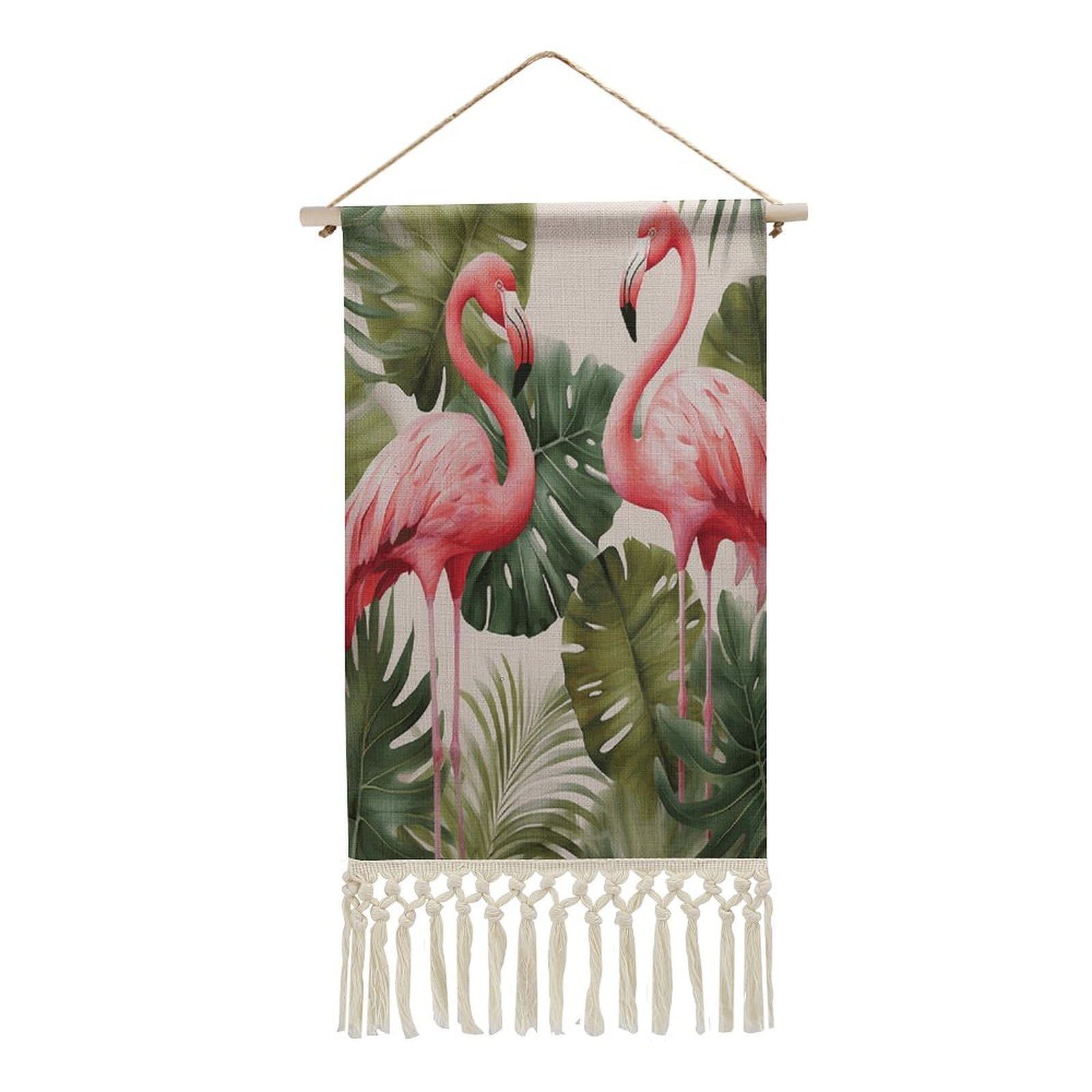 VstaDank Flamingo Palm Trees Leaf Wall Art Decor with Tassels 20"x10" Cotton Linen Hanging Tapestry Decor Wall Art Prints Wood Frame Boho Wall Art Poster for Bedroom Living Room Office