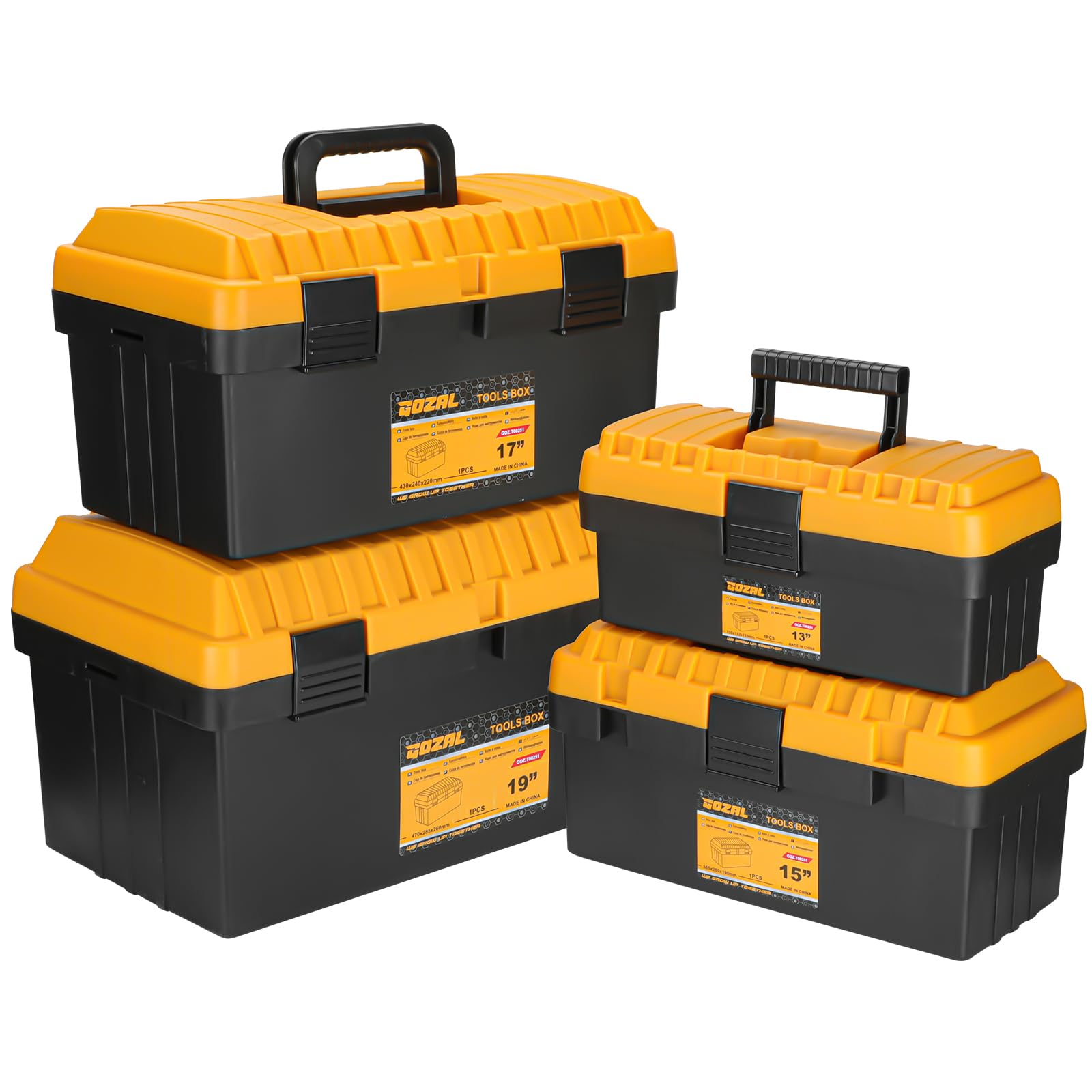 4-Piece Nesting Tool Box Set with Removable Trays, Plastic Tool Organiser with Compartments for Garage Workshop and DIY (13 15 17 19 Inch)