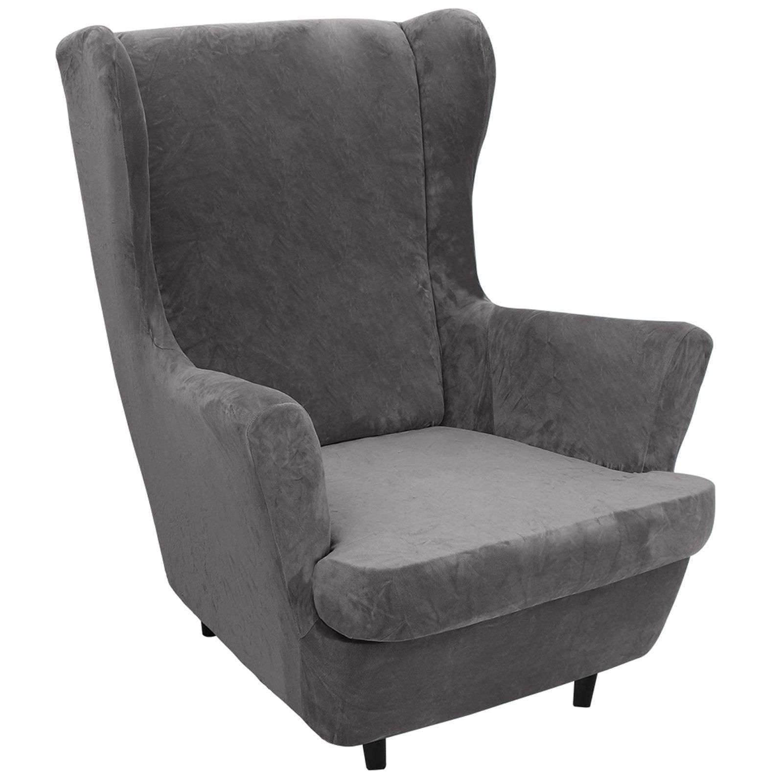 Funda para sillón orejero gris oscuro de terciopelo elástico en 2 piezas