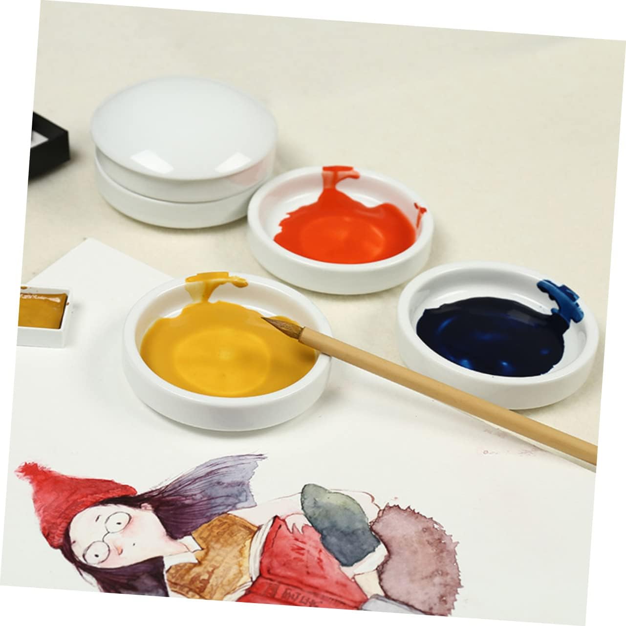 VILLCASE Five Layers Ceramic Ink Dish with Lid Watercolor Pigment Tray for Artists Porcelain Paint Mixing Palette for Gouache and Watercolor for Chinese Painting and Calligraphy