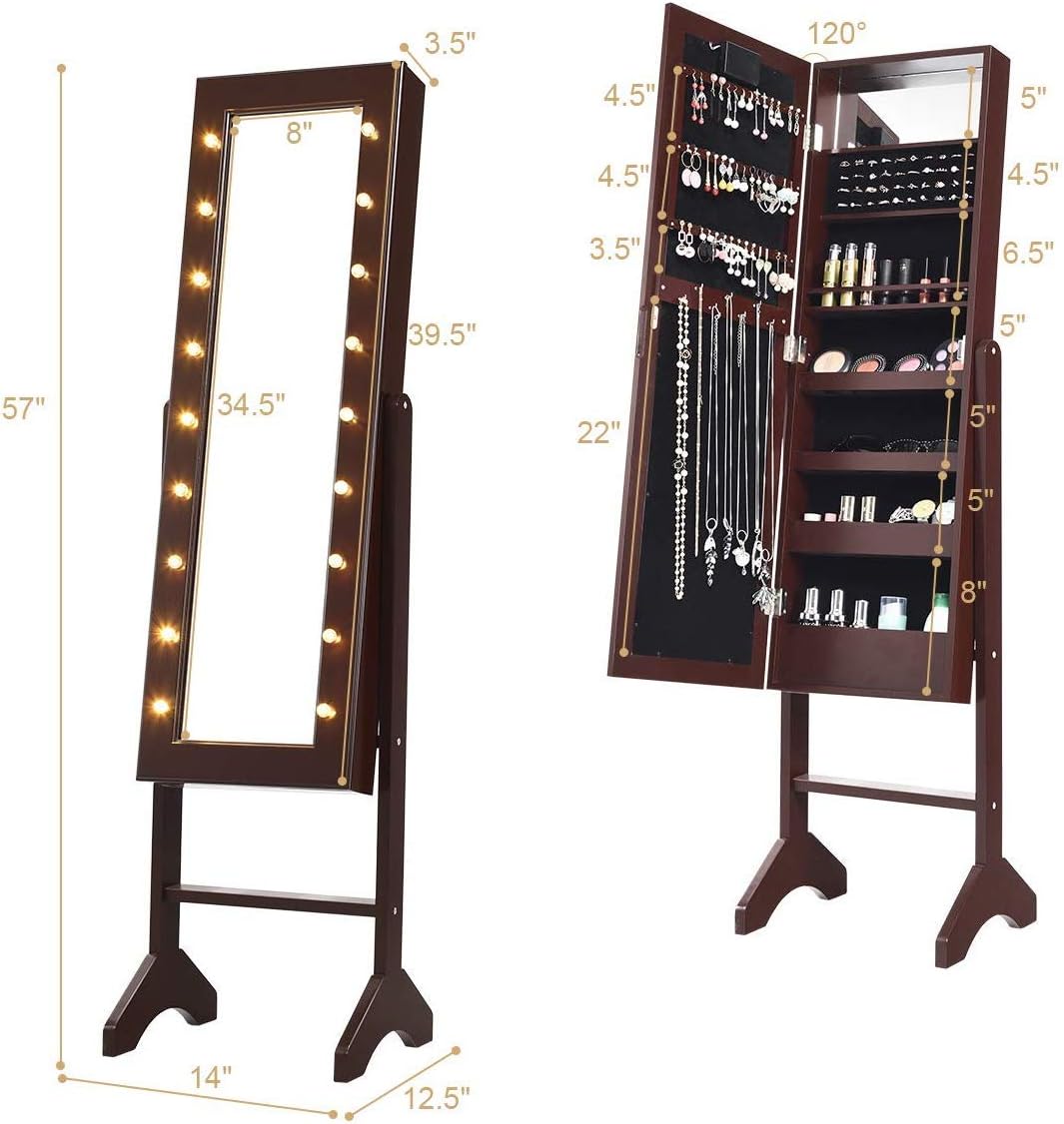 Giantex Standing Jewelry Armoire with 18 LED Lights Around the Door, Large Storage Mirrored Jewelry Cabinet with Full Length Mirror, 16 Lipstick Holder, 1 Inside Makeup Mirror (Brown) : Clothing, Shoes & Jewelry