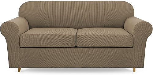 Miniatura 8 de Lamberia Funda de sofá de alta elasticidad para sofá de 3 cojines, 4 piezas, gruesa y lavable, funda de sofá jacquard de felpa, protector de muebles