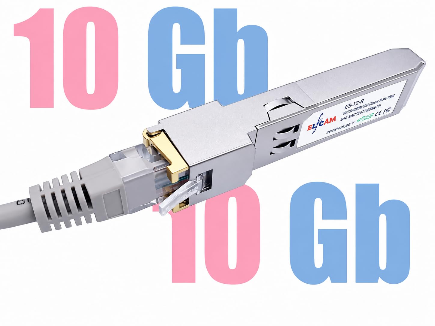 Elfcam – Moduł SFP+ do RJ45 10GbE, Kompatybilny z Cisco SFP-10G-TS i Freebox Ultra, Transceiver 10GBase-T, do 30 m na kablu Ethernet Cat 6A/Cat 7/Cat 8, Plug & Play
