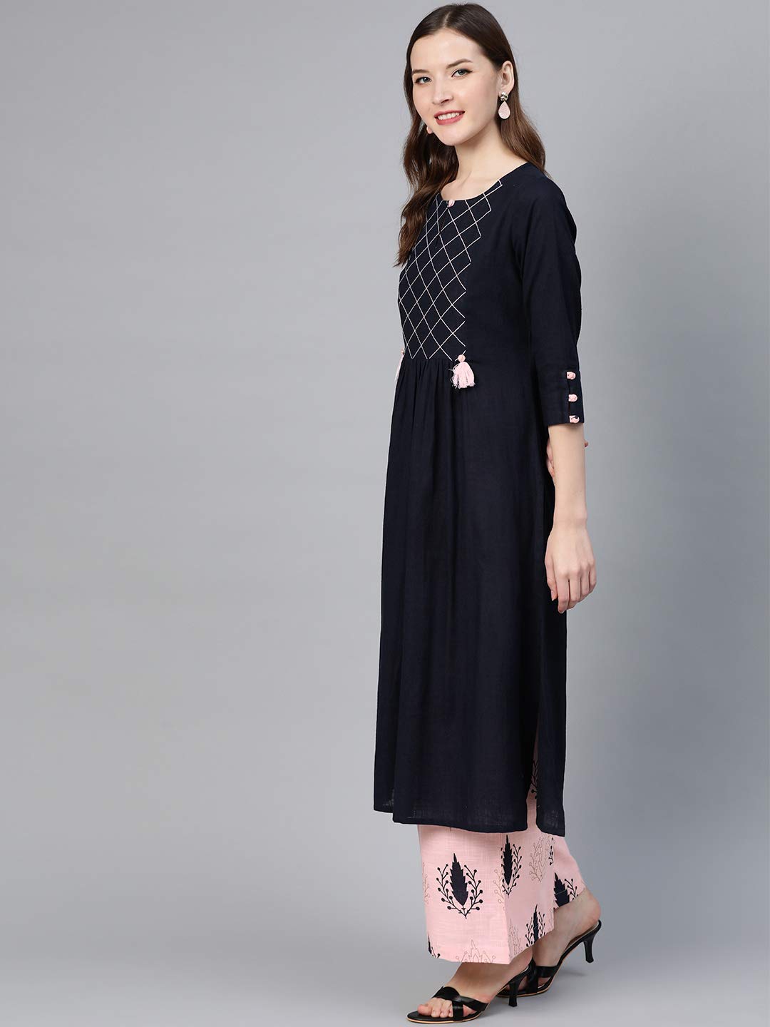 Idalia Light Pink And Navy Blue Cotton Kurta Set For Women A-Line Kurta With Palazzo Set Ideal For Wedding & Festive Occasions