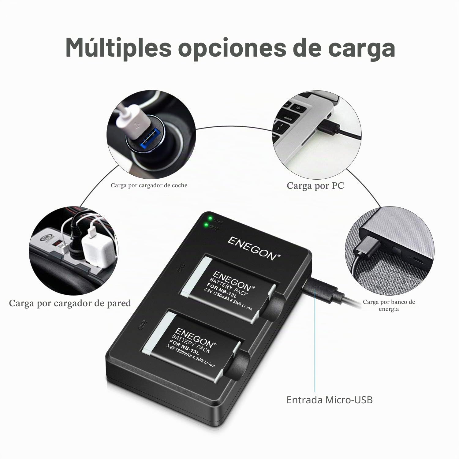 ENEGON NB-13L Bloc Batterie de Remplacement (2 Paquets) et Chargeur Dual pour Canon PowerShot G5X,G5X Mark II,G7X, G7X Mark II/III,SX720 HS,SX730 HS,SX740 HS, SX620 HS,G1 X Mark III,G9 X,G9 X Mark II