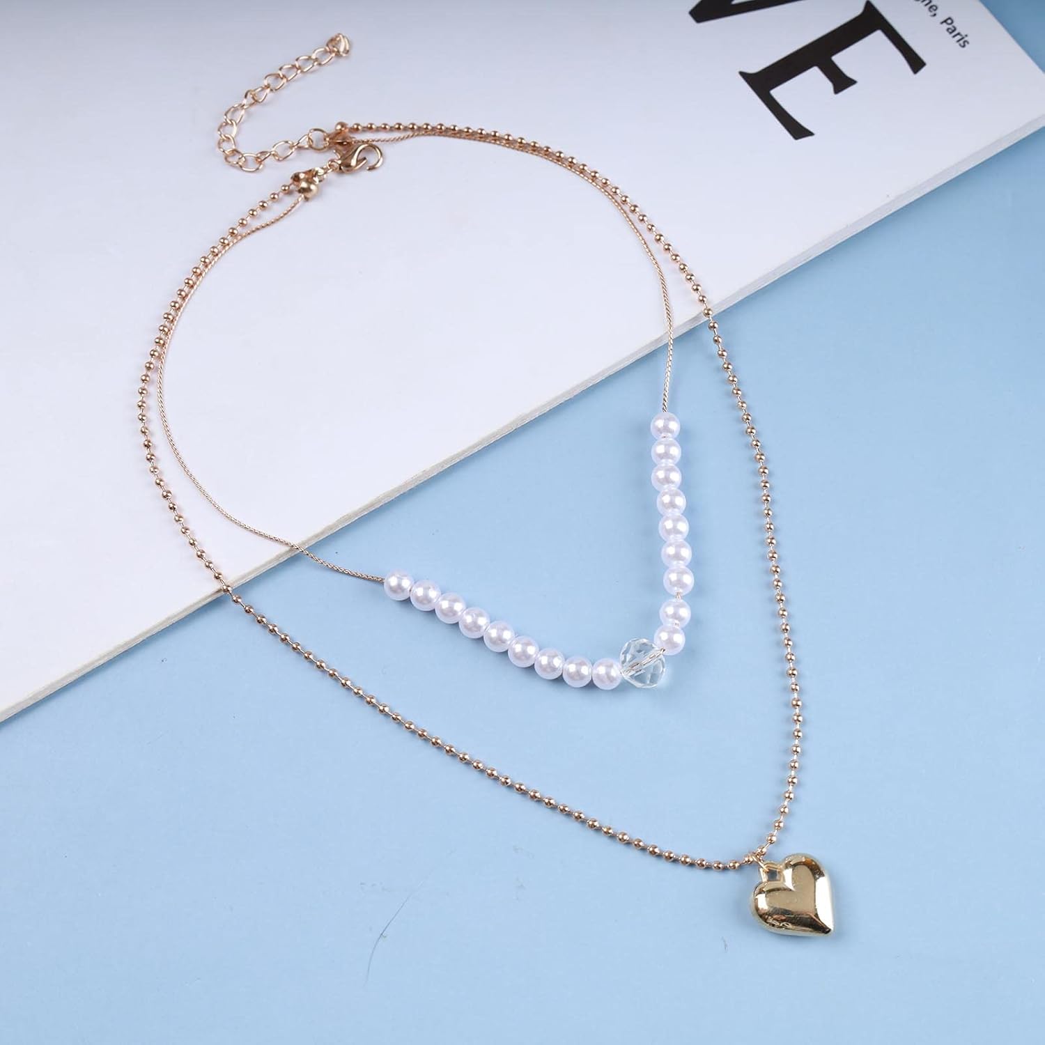 Andelaisi Boho Layered Heart Choker Necklace Vintage Pearl Crystal Necklace Gold Puffy Heart Pendant Necklace Love Heart Pearl Chain Necklace Jewelry for Women - Image 3