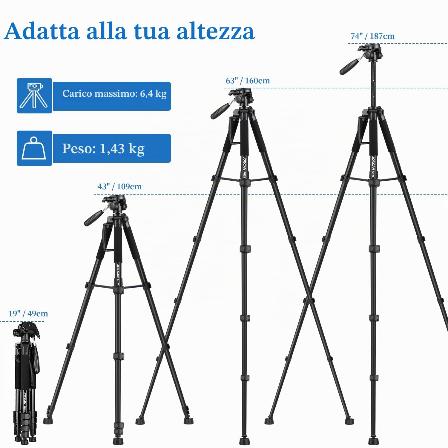 JOILCAN Treppiede per fotocamera Canon Nikon, treppiede leggero da 188 cm con testa rimovibile e supporto universale per telefono, treppiede alto in alluminio rinforzato per Vlog Live Streaming Charge
