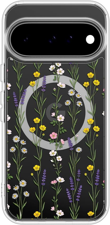 Floral Magnetic Case Designed for Pixel 11, Compatible with Wireless Charging Clear Protective Cover Colorful Wildflower Daisy Flower Pattern Shockproof Corner Phone Shell for Women