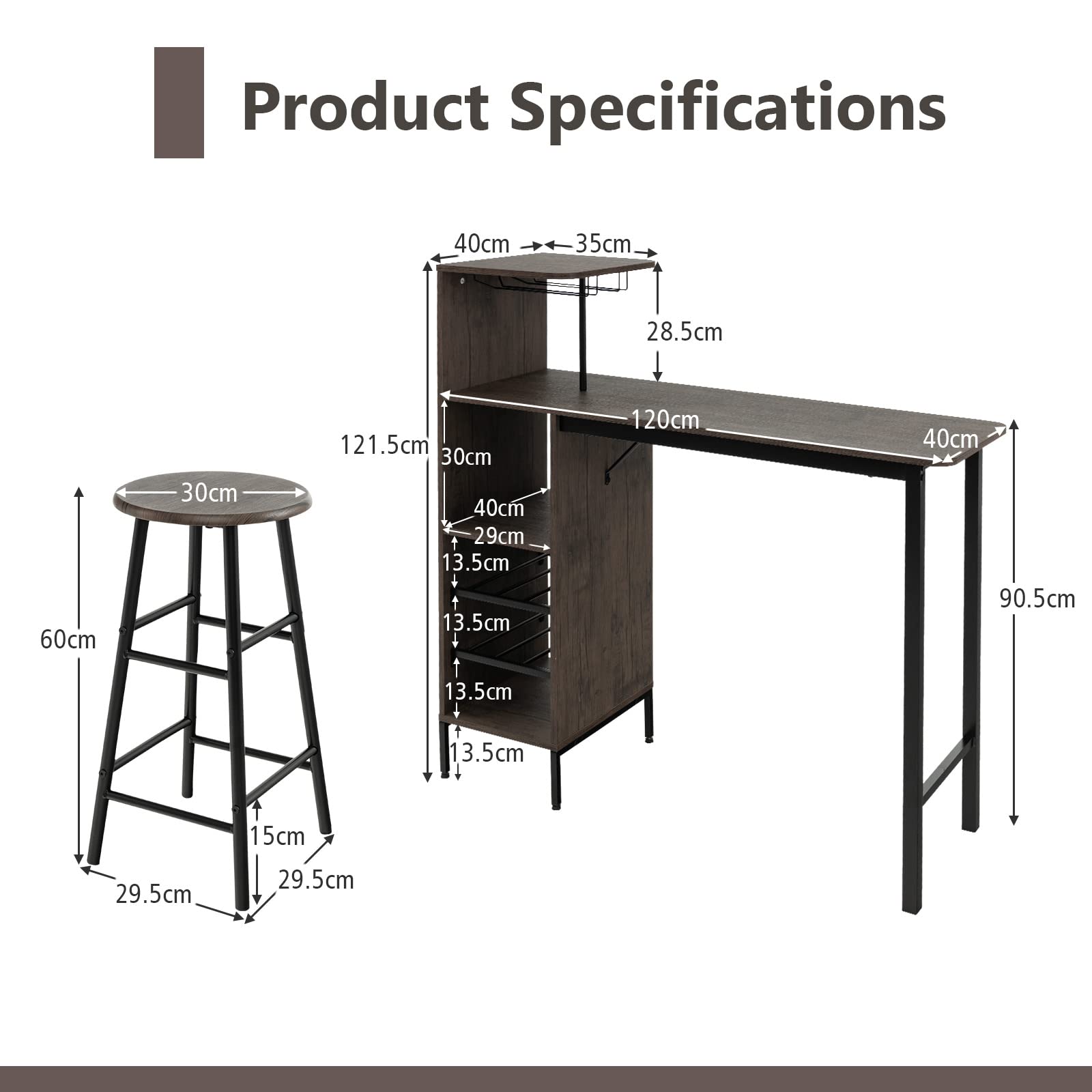 GIANTEX Ensemble de Bar 3 Pièces - Table Basse et Tabourets de Bar, Table de Petit-Déjeuner, Bistrot Carrée 120 x 40 x 90 cm (Marron)