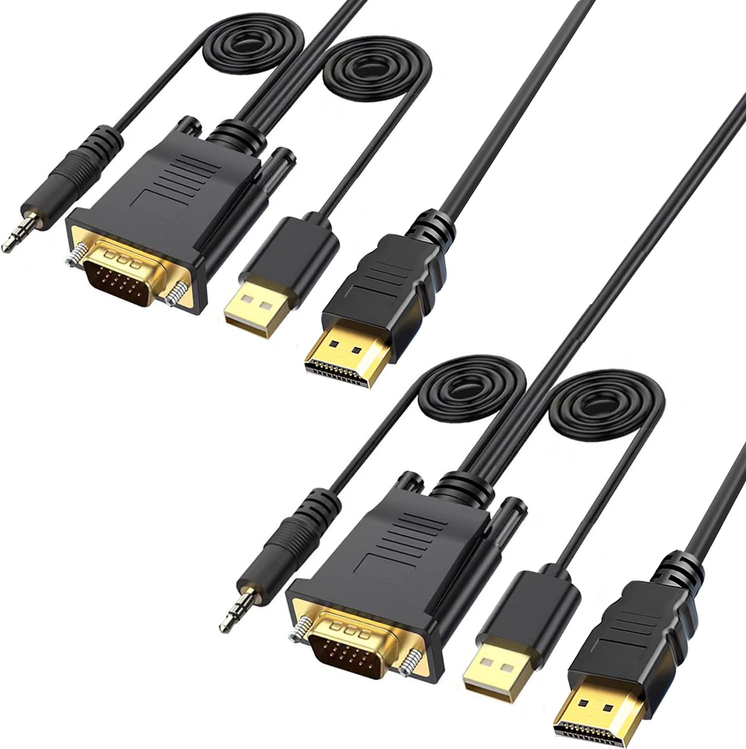 VGA to HDMI Adapter Cable 6FT/2 Pack with USB Power and 3.5mm Audio, 1080P@60Hz PC VGA Source Output to TV/Monitor with HDMI Connector, Male to Male for Computer Desktop Laptop Monitor Projector