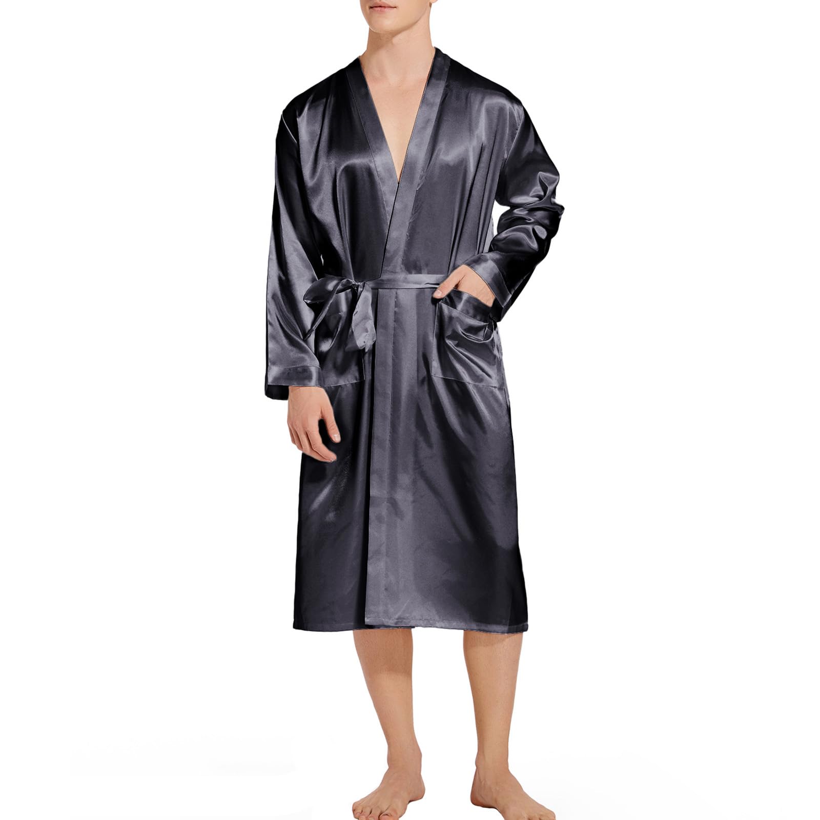 ZUEVI Men's Kimono Robe Silk Satin Long Sleeve Spa Bathrobe Lightweight Soft Silky Pajamas Robes