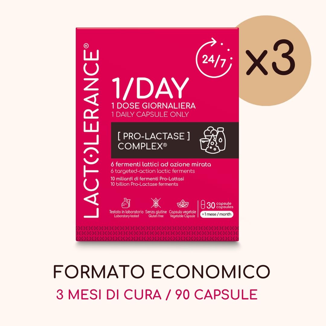 LACTOLERANCE 1/DAY Probiotici Precursori di Lattasi, 24h, 90 Capsule | 1 sola assunzione al giorno, protezione continua 24 ore su 24, fermenti lattici, confezione 3 mesi