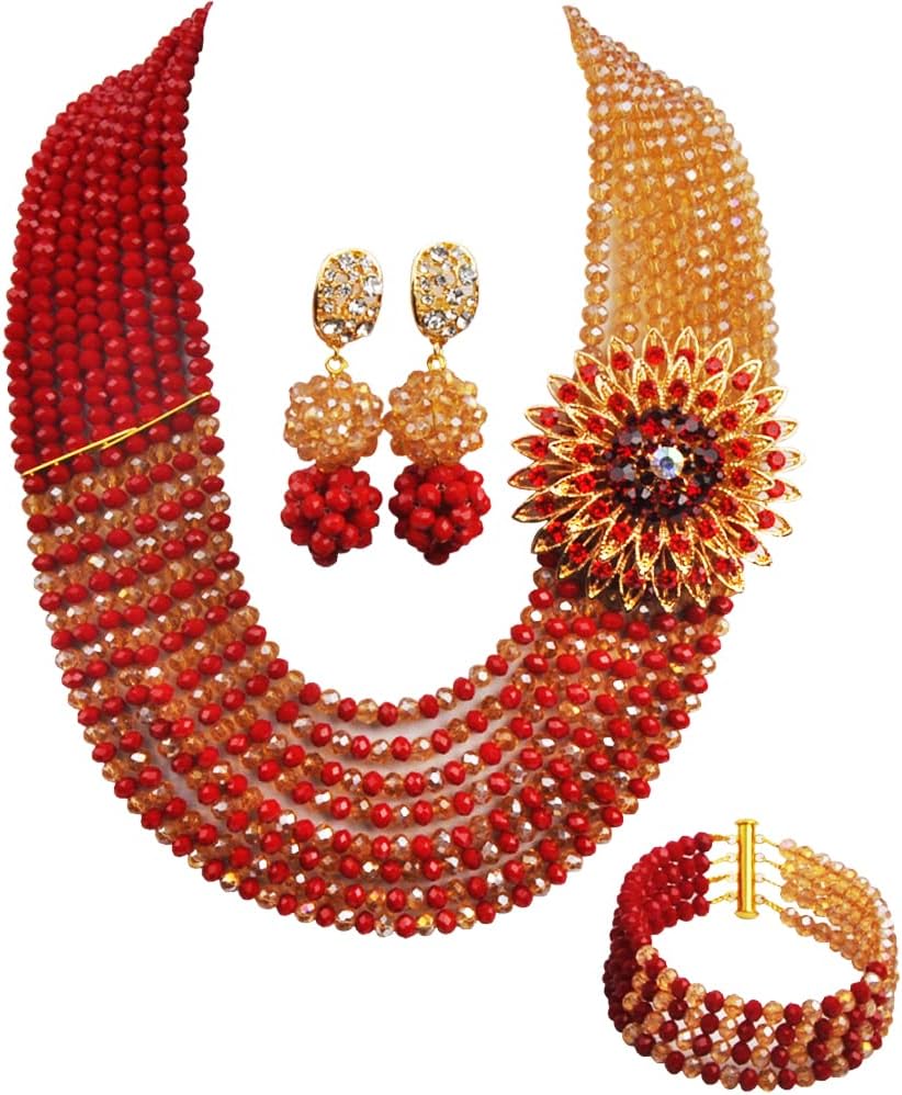 aczuv8 Rows African Bead Necklace Jewelry Set for Women Nigerian Wedding Bridal Jewelry Sets