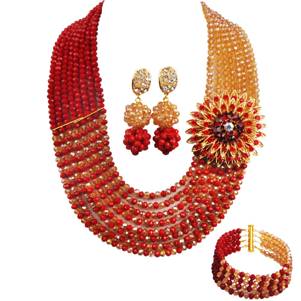 aczuv8 Rows African Bead Necklace Jewelry Set for Women Nigerian Wedding Bridal Jewelry Sets