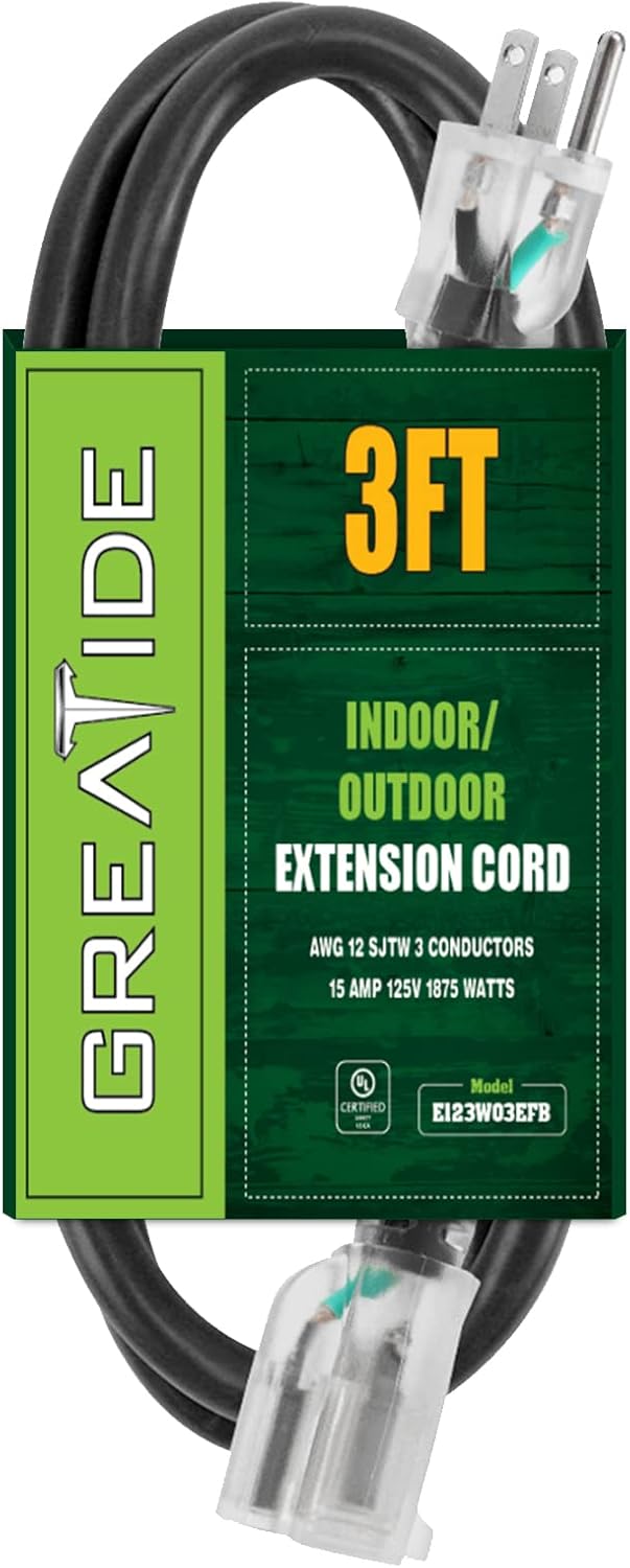 GREATIDE 3 Ft Lighted Outdoor Extension Cord 12/3 SJTW Heavy Duty