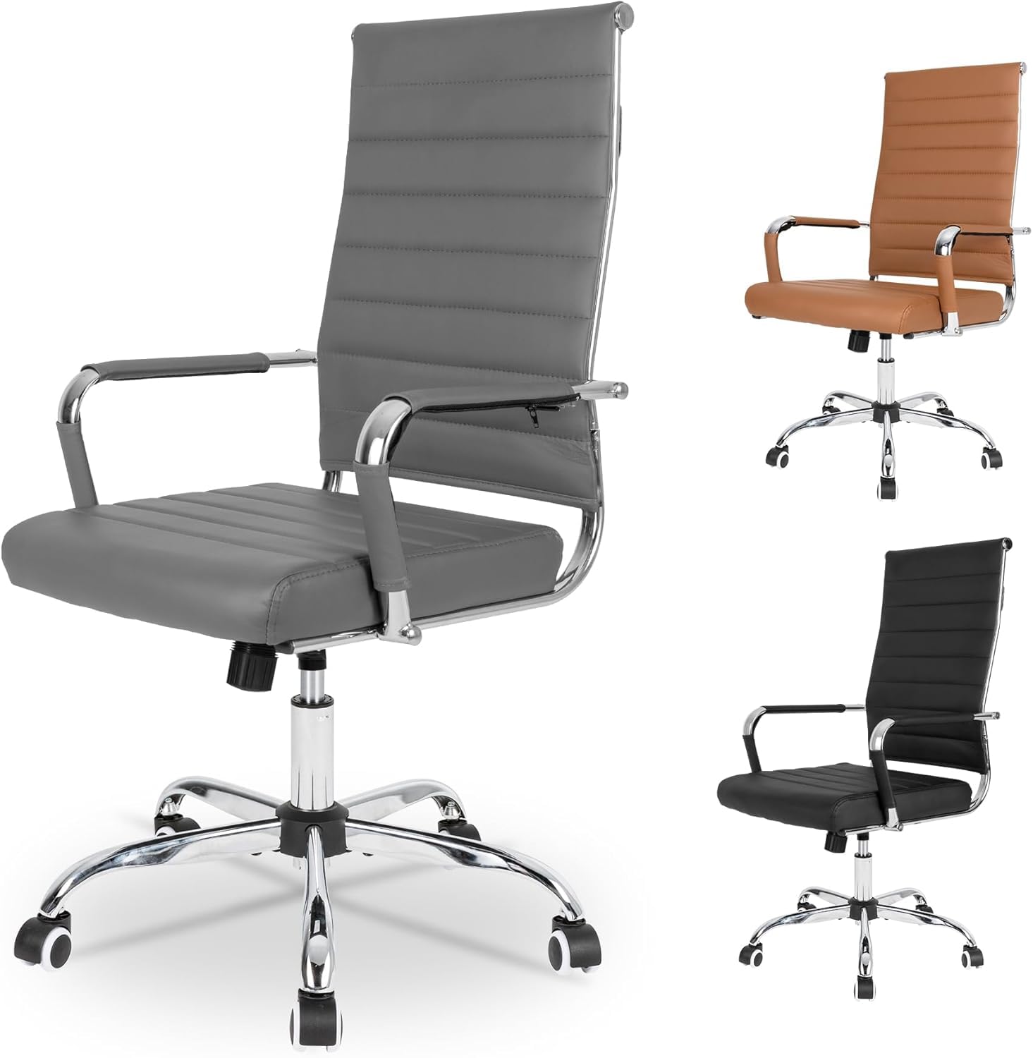 UEV Bürostuhl Ergonomisch Wippfunktion bis 150 kg belastbar Drehstuhl Grau | Schreibtischstuhl mit Armlehne Office Chair S-förmige Lendenwirbelstütze gepolsterter Sitz höhenverstellbar aus Kunstleder