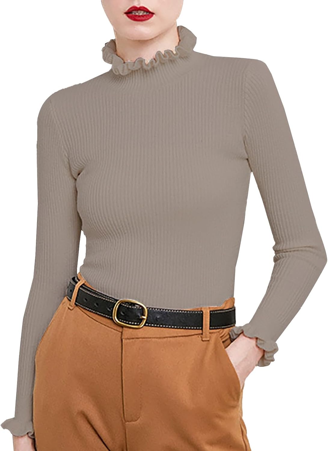 Heevina Sweaters for Women Ruffled Turtleneck High Neck Ribbed Slim Fit Solid Color Long Sleeve Base Fall Winter