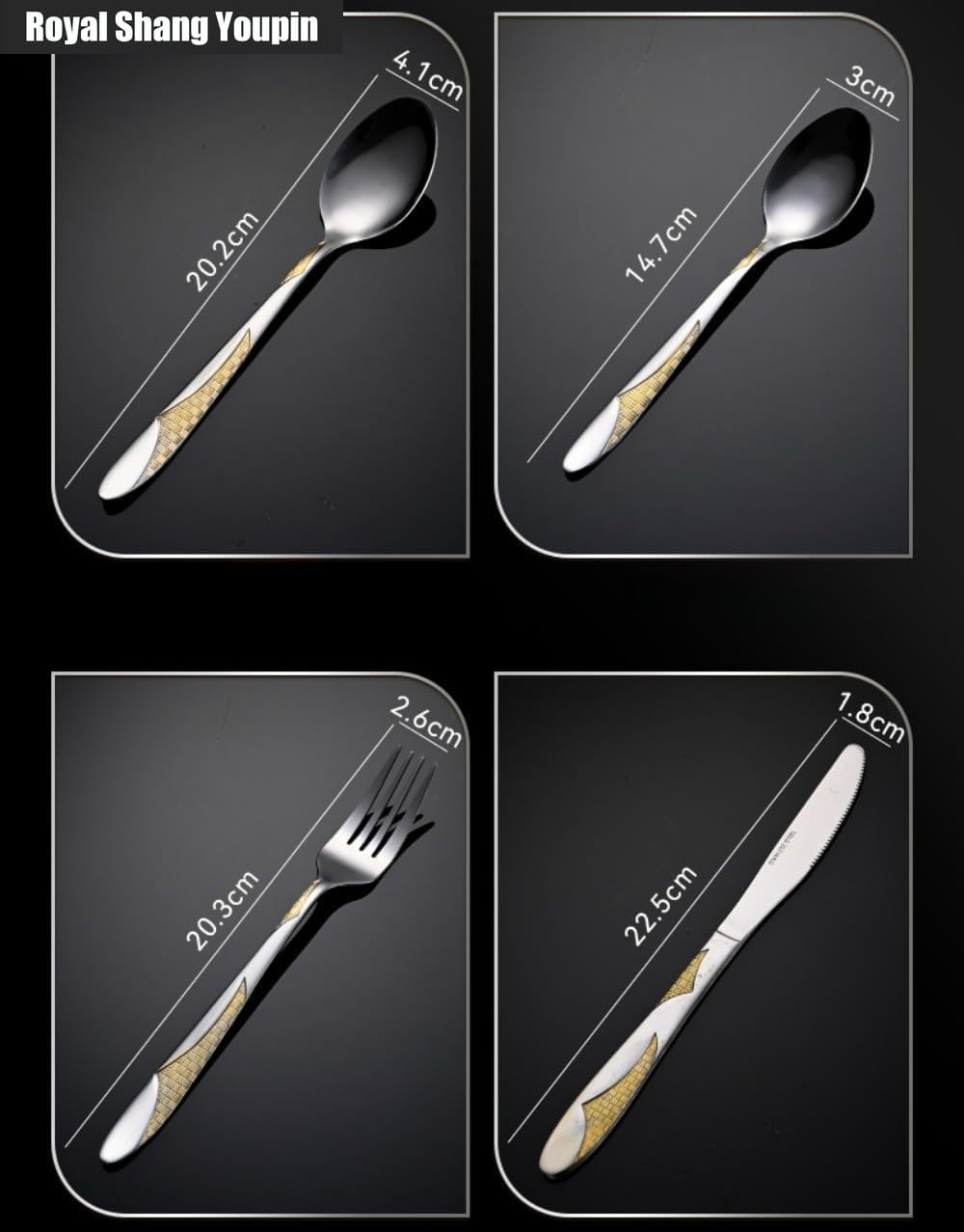 Embossed Gold-plated Handle Kitchen Stainless Steel Silverware Tableware Flatware Cutlery Knives Forks Spoons Set for 4 People,Hotel Steak Knife and Fork (Gold Silver,16 pieces)