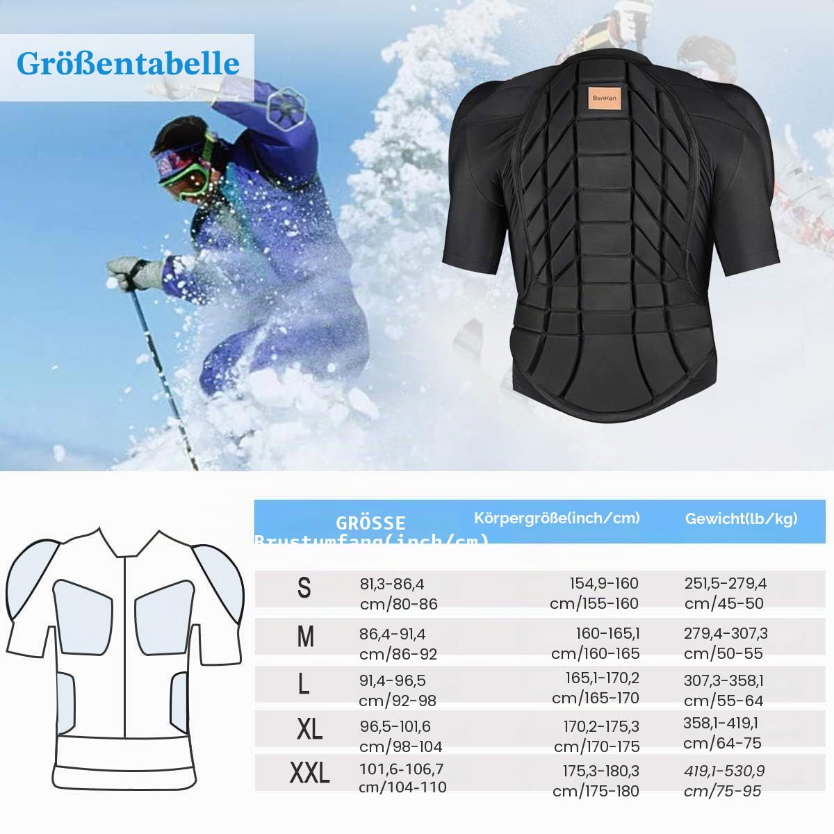 BenKen Ultra Lightweight Protective Equipment Ski Body Tank Back Protector Outdoor Sports Anti-Collision Back Protector Jacket for Snowboard & Skating