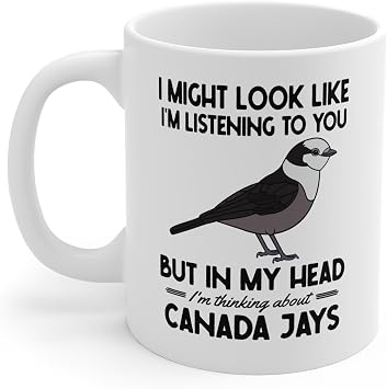 Canada Jay Coffee Mug Gifts, Funny Canadian Grey Camp Robber Moose Bird Gift Cup, I Might Look Like Im Listening to you Jays