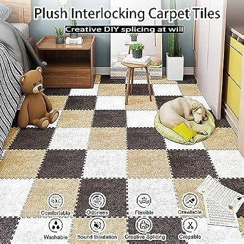 Patchwork carpet12 Pcs Interlocking Plush Foam Puzzle Floor Mats, Soft Colorful Climbing Mat, 12x12 Foam Play Mats For Playroom Bedroom Parlor(Color:White)