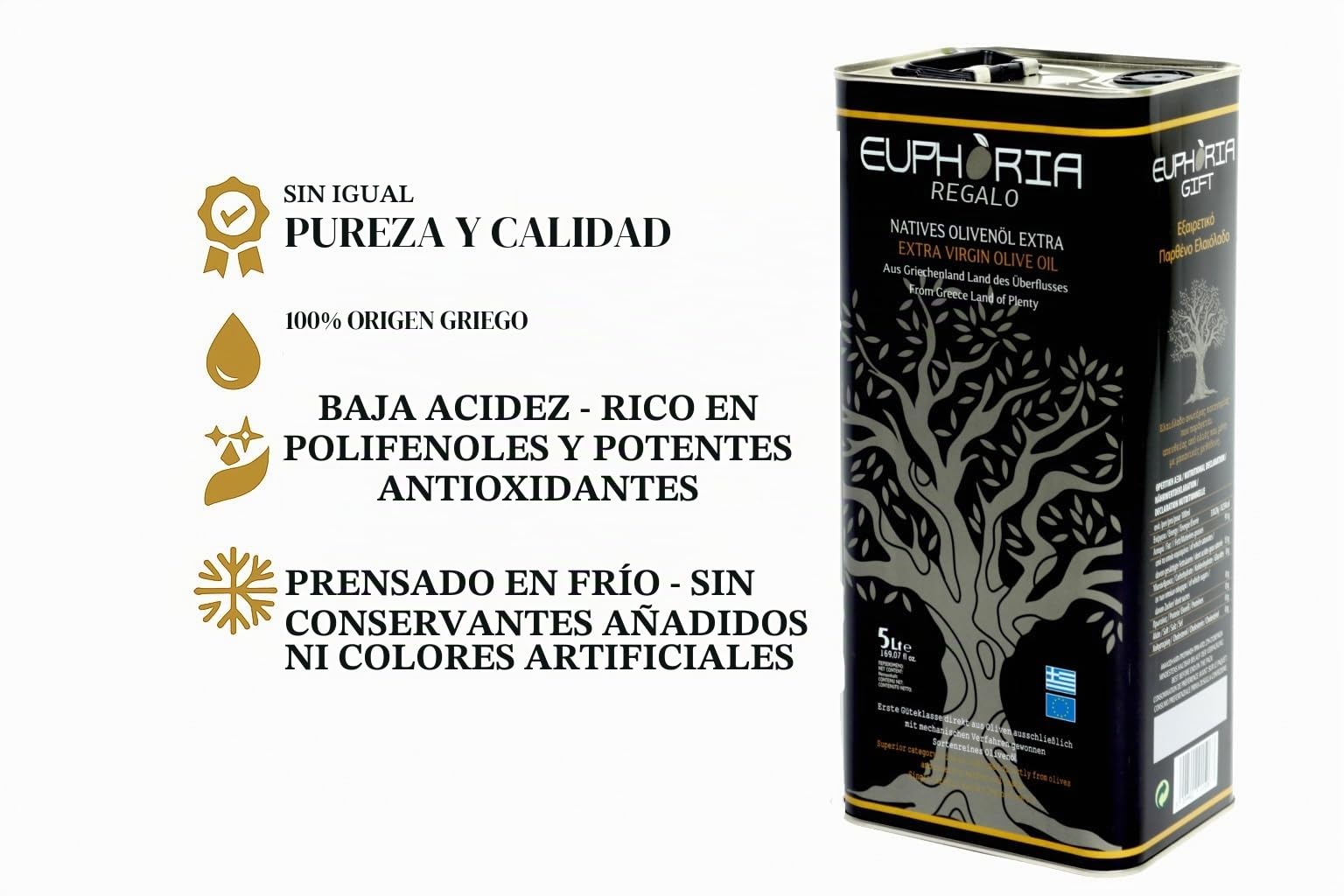 Euphoria Gift - Aceite de oliva Extras virgen de Grecia | Prensado en frío | Cosecha 2025-2026|Primer grado | Aceitunas recogidas a mano | Bidón de 5 litros