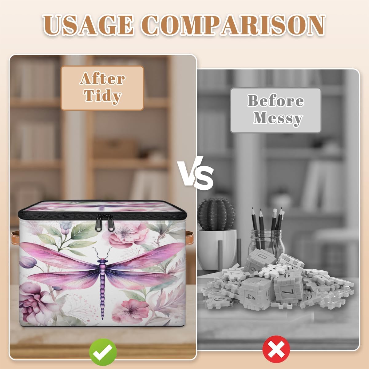 Storage Bin Set of 2 Drangonfly Leaf Storage Basket with Zipper Lid & Handle Foldable Closet Shelf 2 Pack Cloth Organizer Basket Cube Bins Clothes Organizer for Bedroom, Nursery