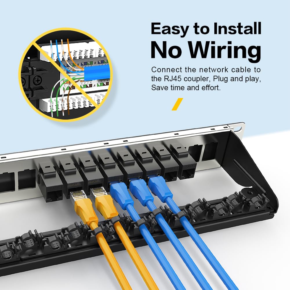 Panneau de brassage 16 ports Cat6 Keystone RJ45 Panneau de brassage réseau UTP 1U avec gestion intelligente des câbles (pas d'attache de câble nécessaire) pour montage en rack de 48,3 cm