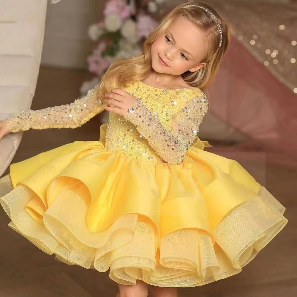 Puffy Tulle Flower Girl Dress Toddler Long Sleeve Tiered Birthday Pageant Gown with Bow